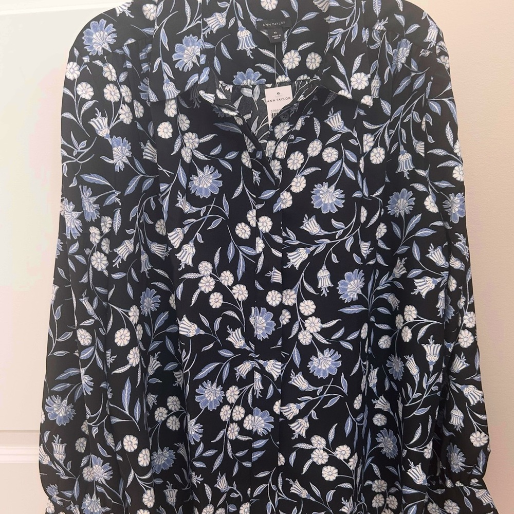 Ann Taylor Black and Blue Buttoned Polo Blouse